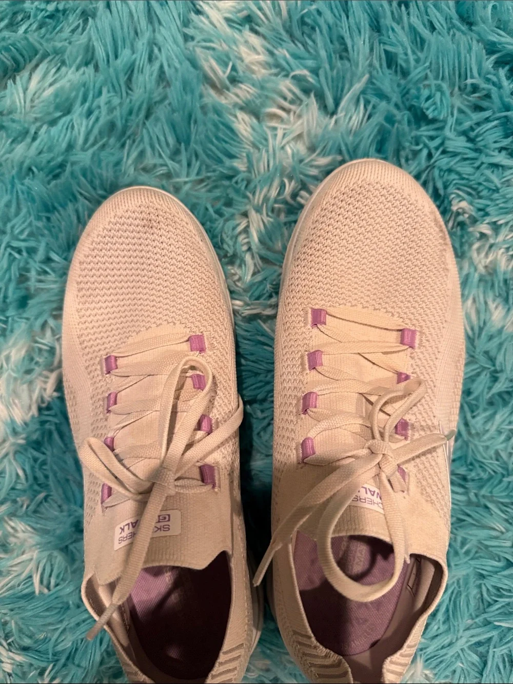 Skechers GOwalk Women's Cream Knit Lace-Up Sneakers with Purple Accents